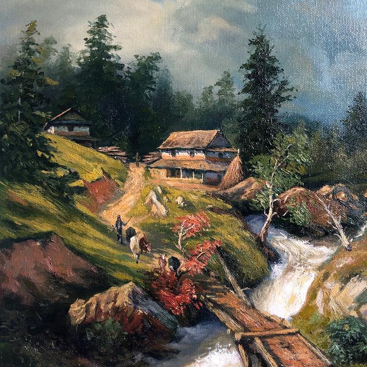 0LSP01- Serene Mountain Village Landscape Painting – Handcrafted Himalayan Artwork