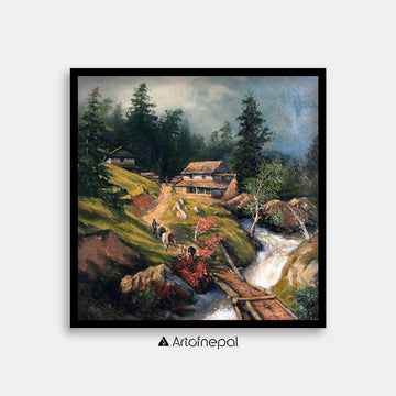 0LSP01- Serene Mountain Village Landscape Painting – Handcrafted Himalayan Artwork