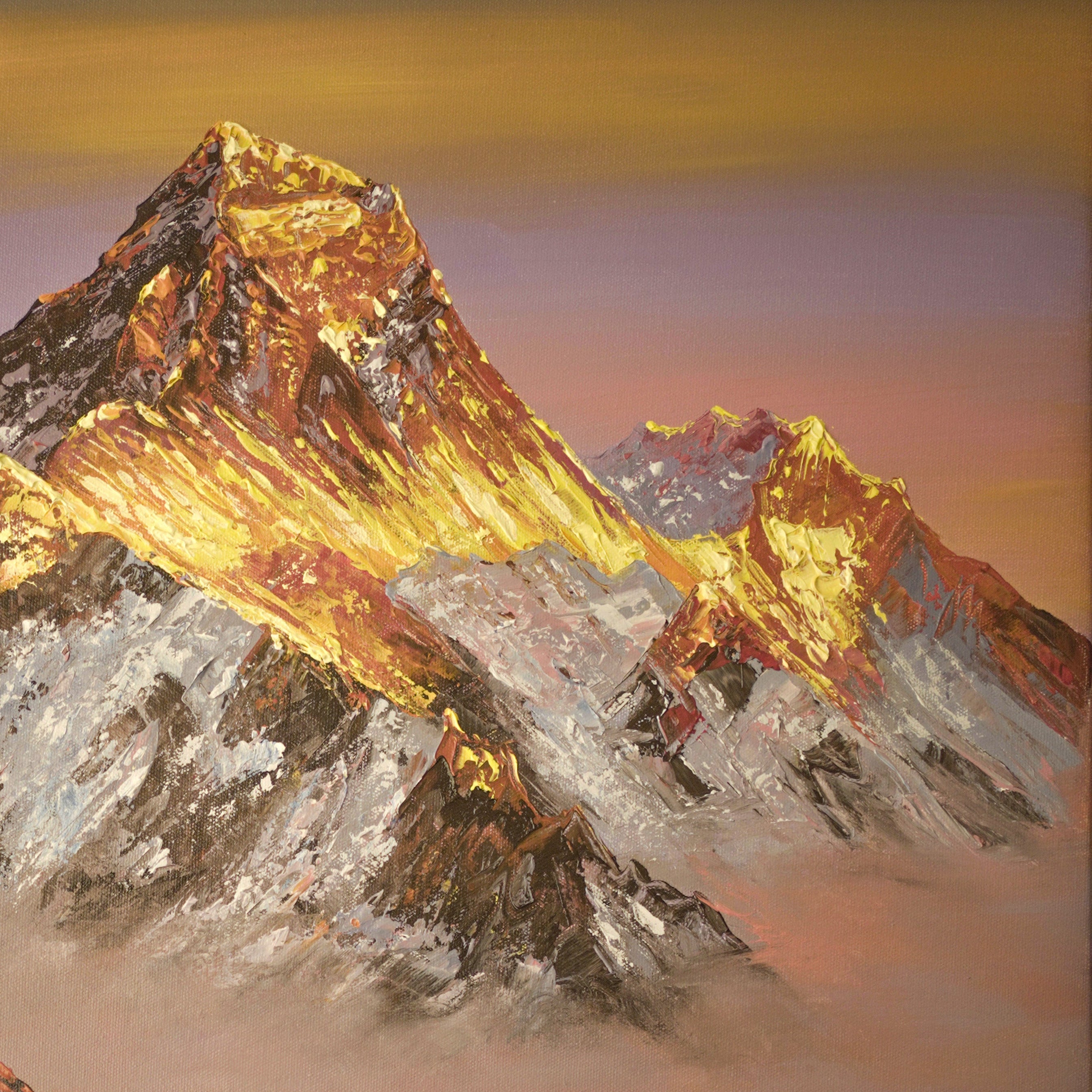 A painted mountain landscape with a sharp snow-capped peak glowing golden in the sky, misty valleys, prayer flags, and small figures with pack animals in the foreground.