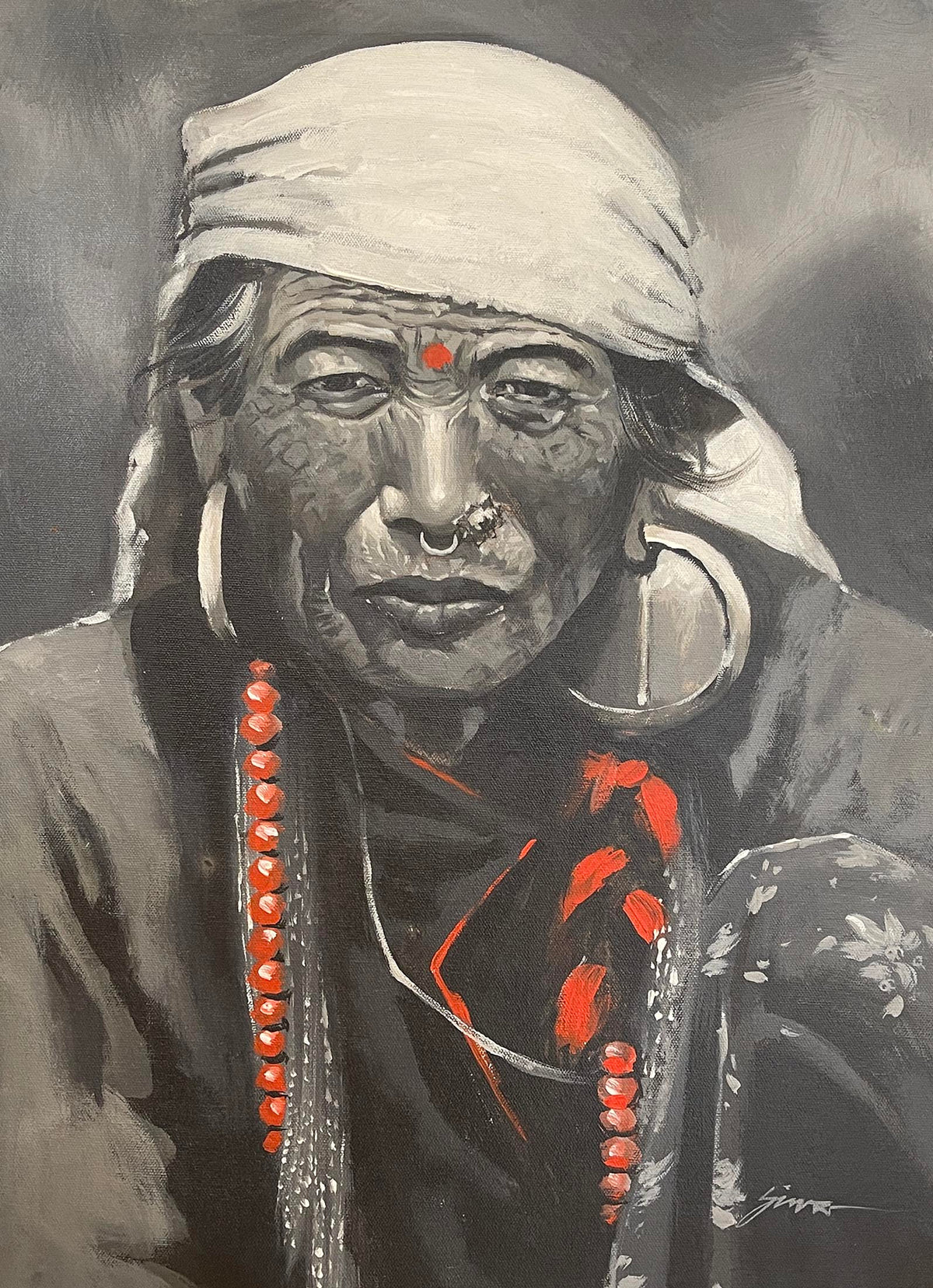 UNAP28 - Black and white abstract painting of a nepali woman