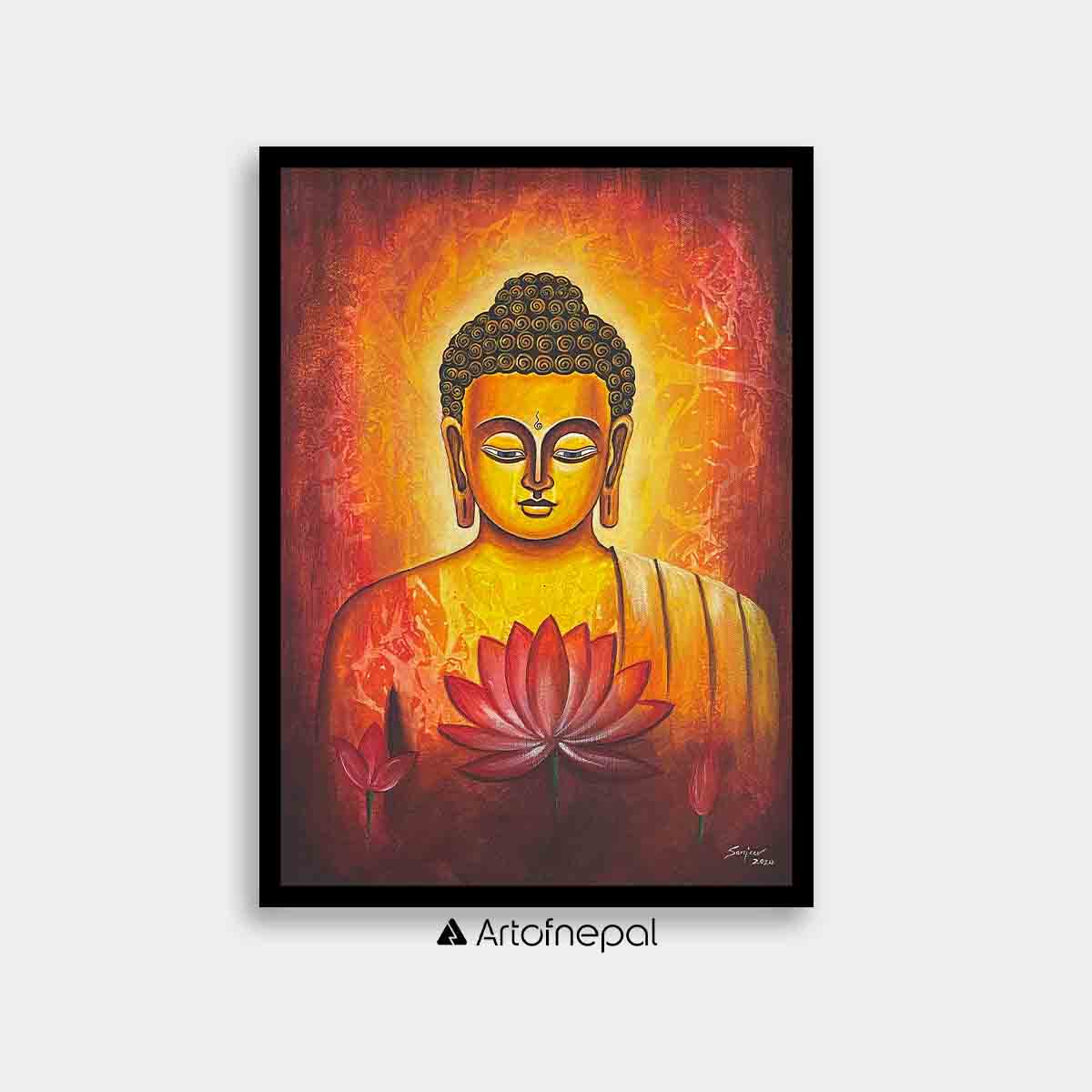 UNAP31 - An acrylic painting of Lord Buddha and lotus