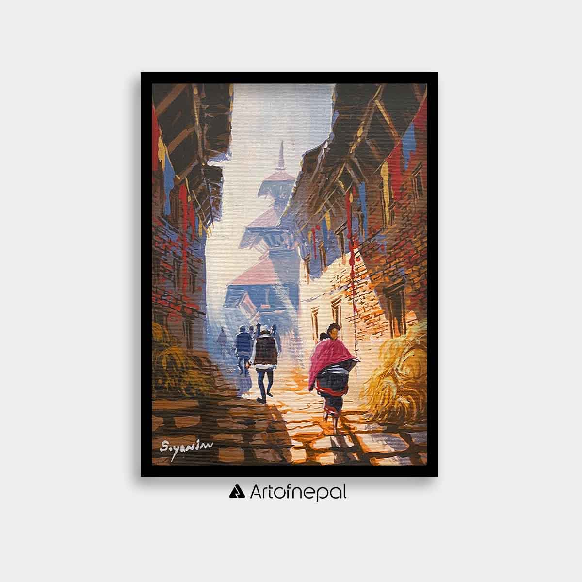 AASY08 - A narrow street with people walking - Artofnepal