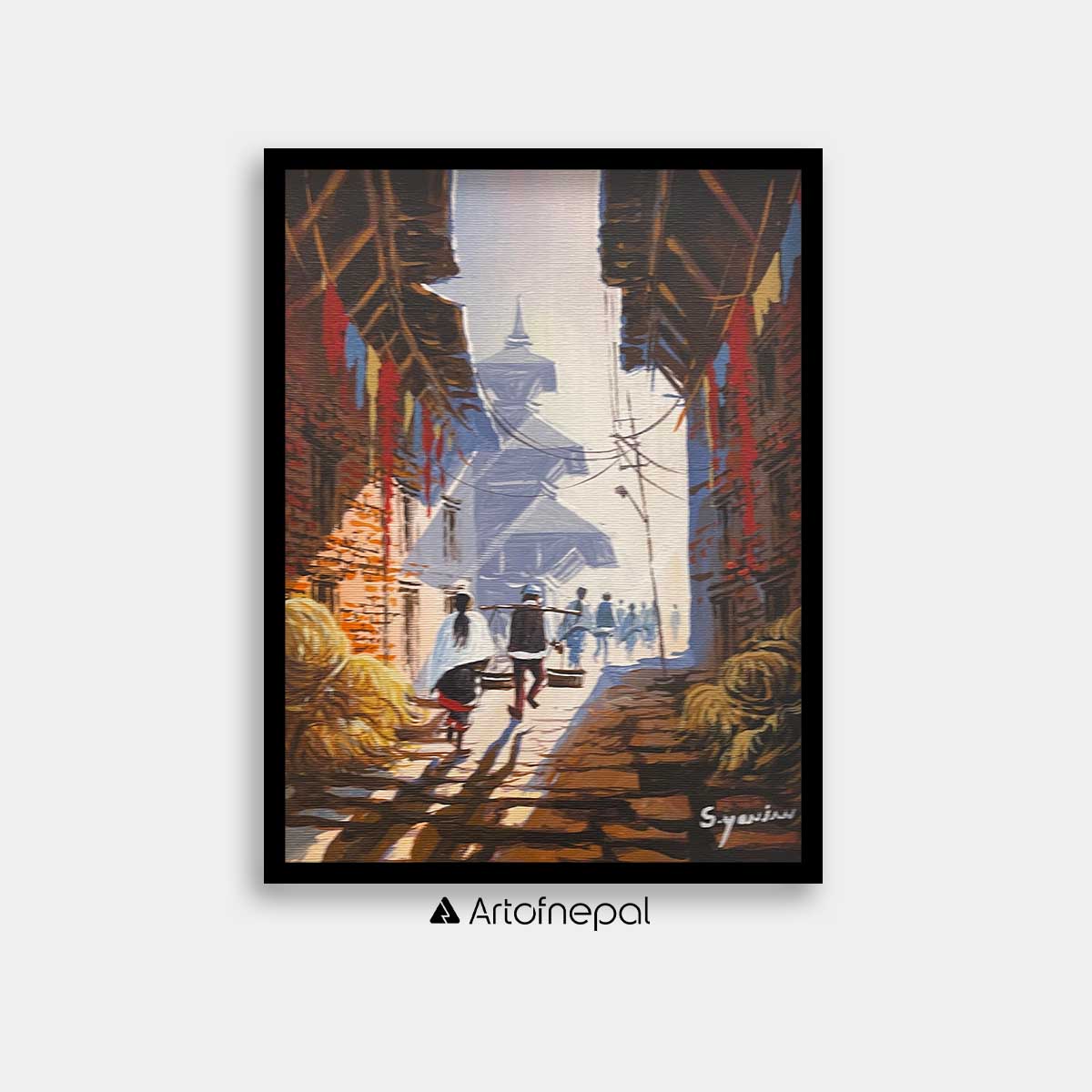 AASY09 - A small street with temple in the background - Artofnepal