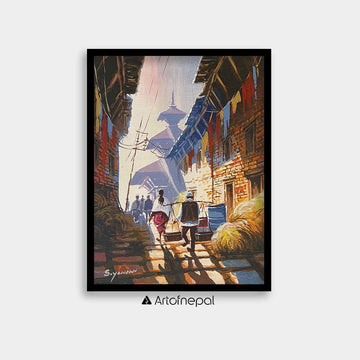 AASY13 - A small street with Pashupatinath at the back - Artofnepal