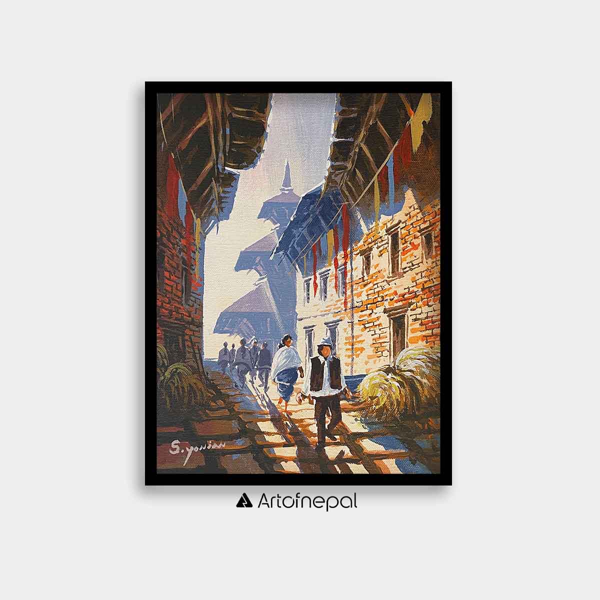 AASY15 - A small abstract painting of the streets of Nepal - Artofnepal
