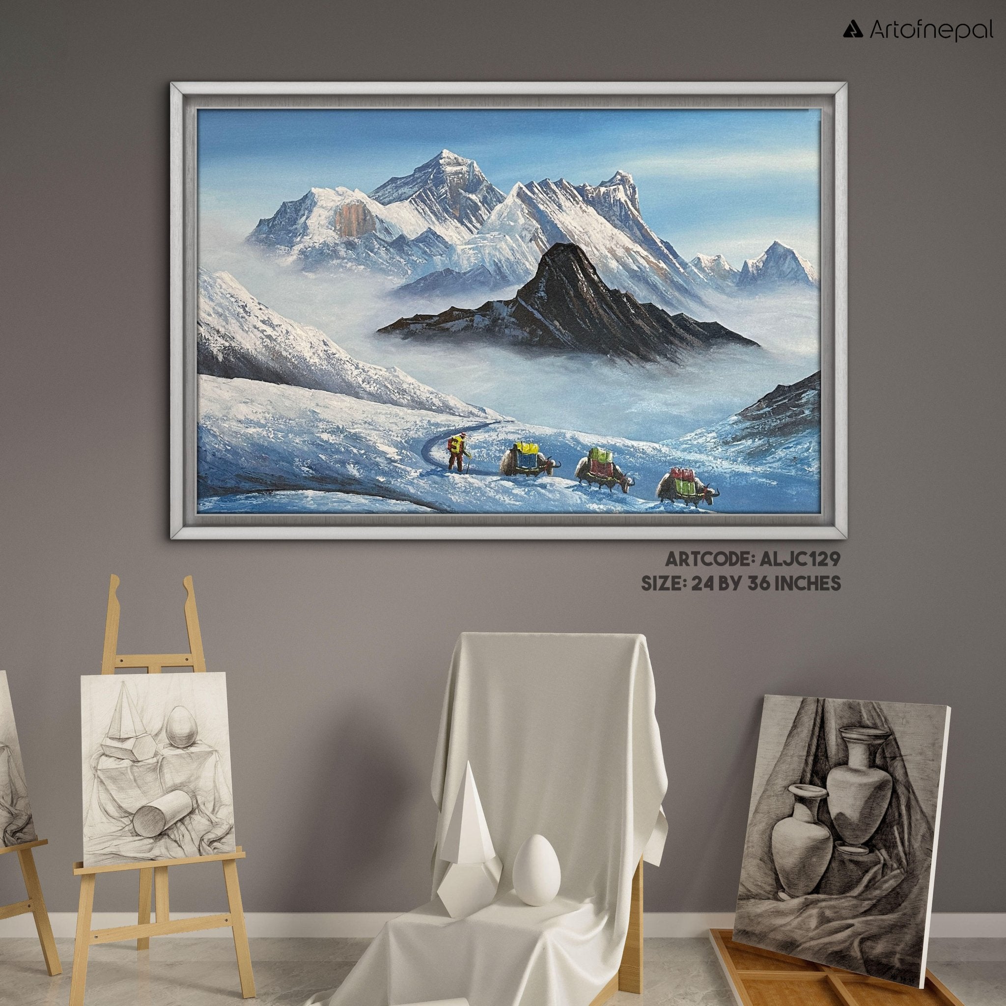ALJC129 - Snow capped Mt. Everest and Yaks - Artofnepal