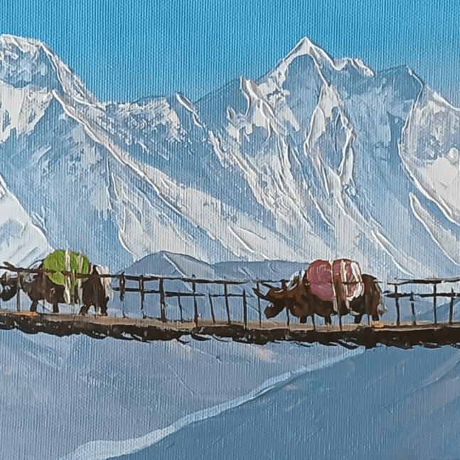 ALJC141 - Himalayan Suspension Bridge Landscape – Scenic Mountain Painting - Artofnepal