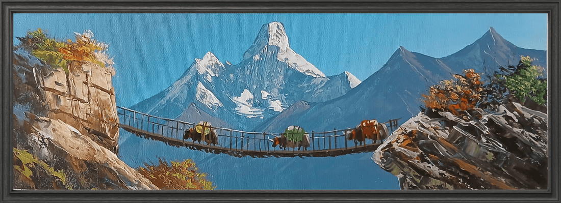 ALJC142 - Mountain Bridge Journey – Himalayan Trekking Landscape Painting - Artofnepal