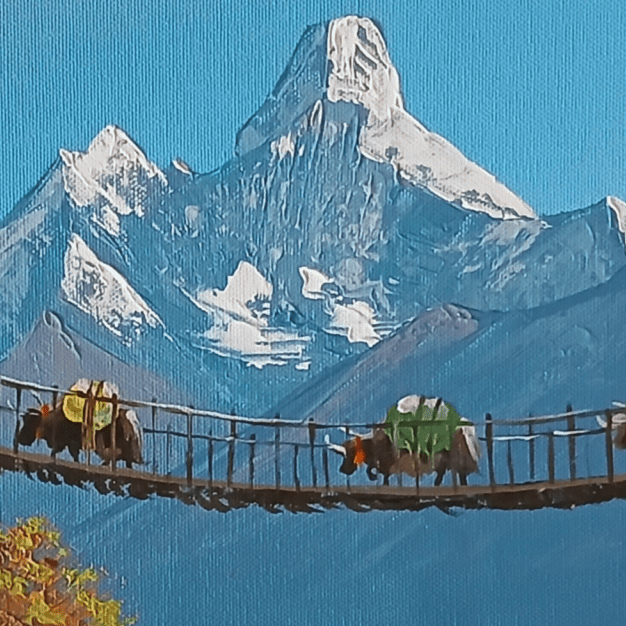 ALJC142 - Mountain Bridge Journey – Himalayan Trekking Landscape Painting - Artofnepal