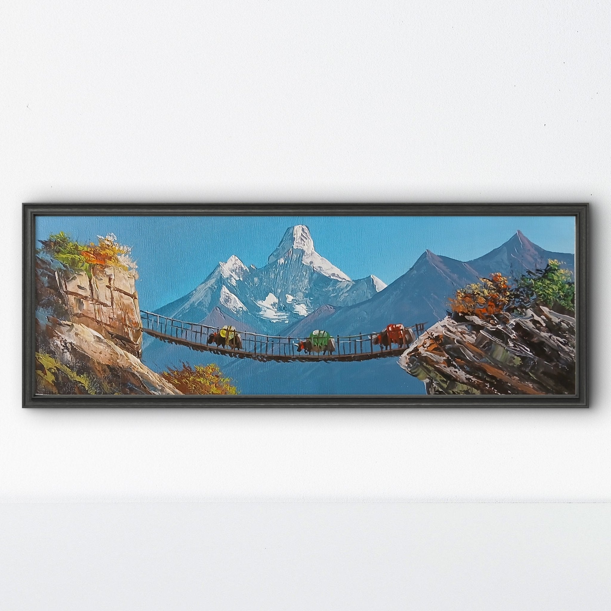 ALJC142 - Mountain Bridge Journey – Himalayan Trekking Landscape Painting - Artofnepal