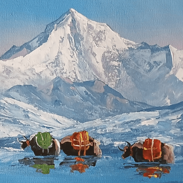 ALJC145 - Frozen Himalayan Serenity – Mountain Lake Landscape Painting - Artofnepal