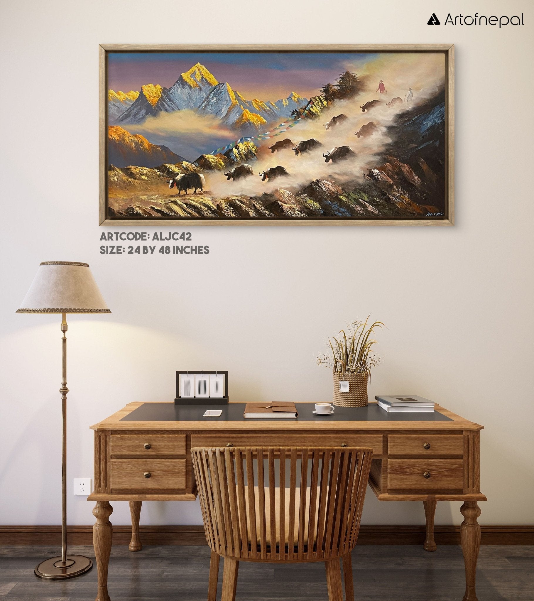 ALJC42 - A herd of yaks with Mountains in the back - Artofnepal