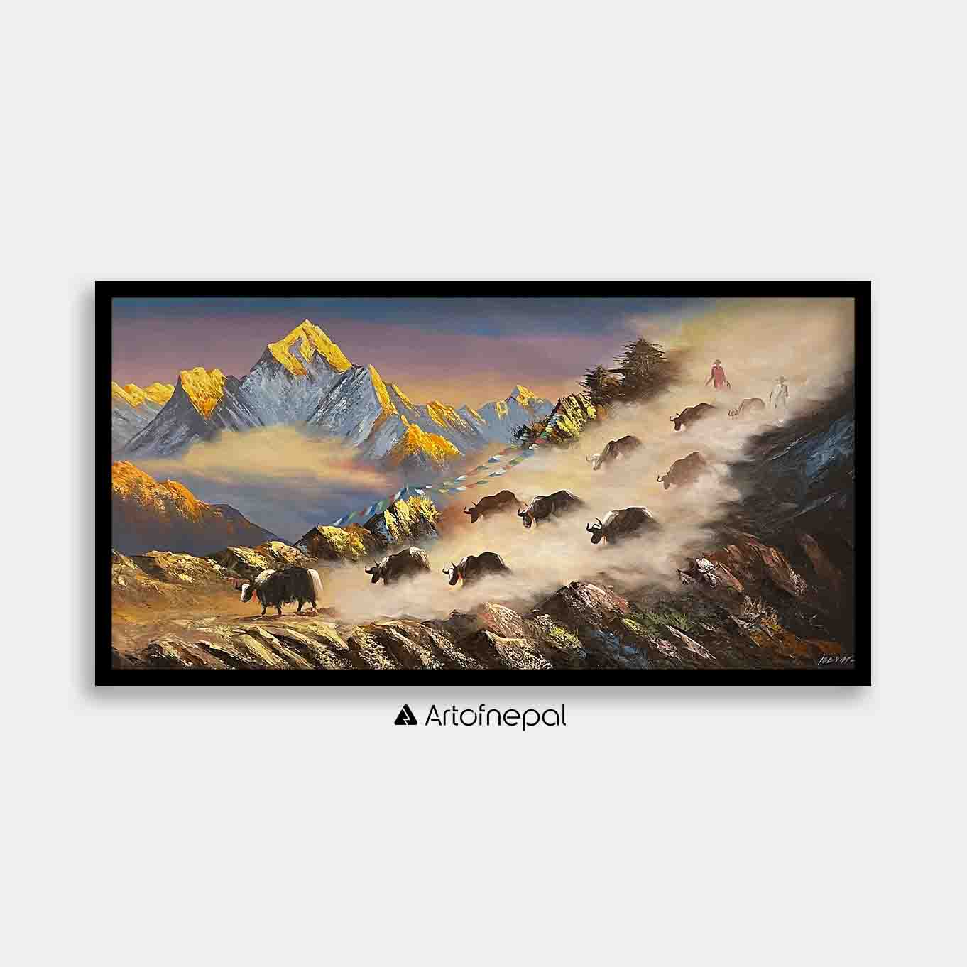 ALJC42 - A herd of yaks with Mountains in the back - Artofnepal