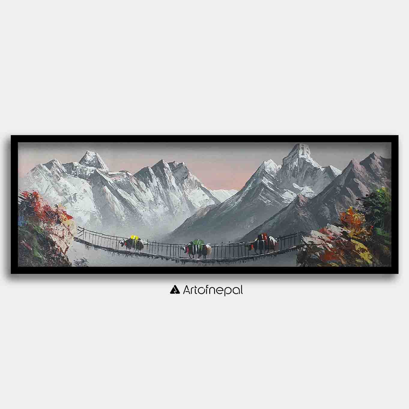 ALJC65 - Snow capped Mt.Everest, Ama Dablam Behind a small Bridge - Artofnepal