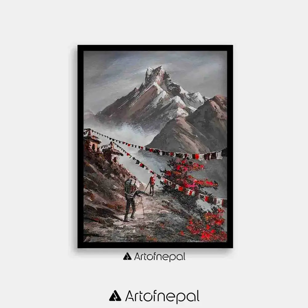 ALOM01- Scenery of Mt.Machhapuchhre Hills and Porter 18 inches by 24 inches simple