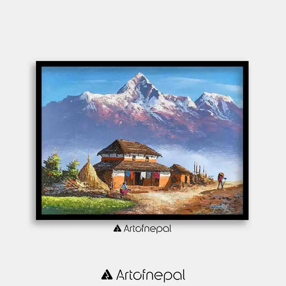 ALOM03- Annapurna range and Traditional village house 18 inches by 24 inches simple