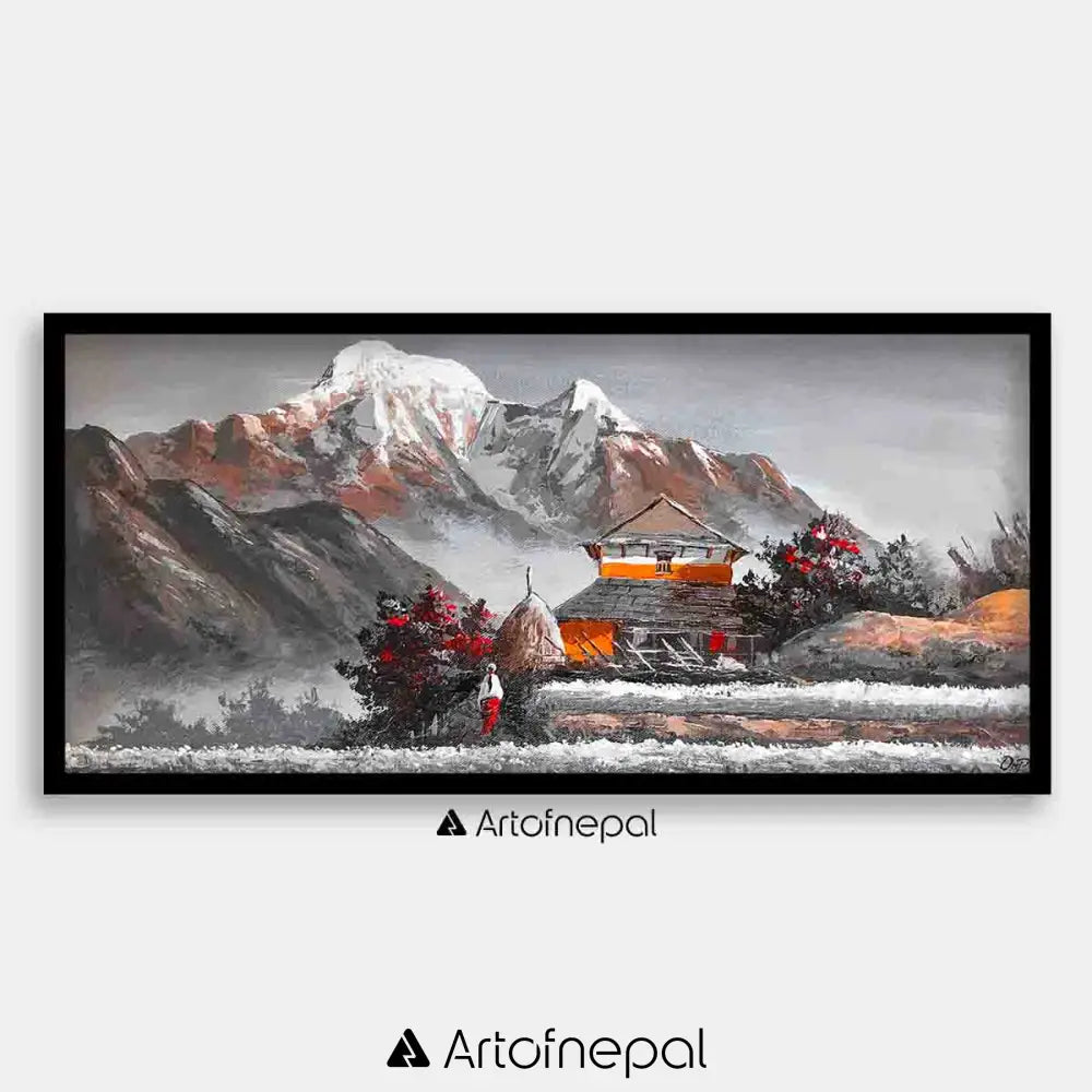 ALOM06- Mt.Annapurna and Village lifestyle 12 inches by 24 inches simple