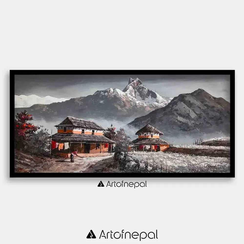 ALOM08- Mt.Machhapuchhre and Hill seen from Village 12 inches by 24 inches simple