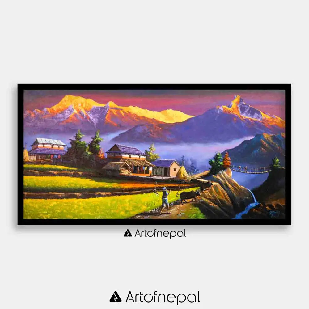 ALOM104 - Sunset over Mt.Annapurna Fishtail and valley 24 inches by 48 inches simple