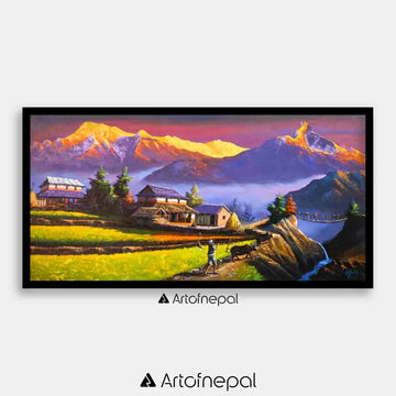 ALOM104 - Sunset over Mt.Annapurna Fishtail and valley 24 inches by 48 inches simple