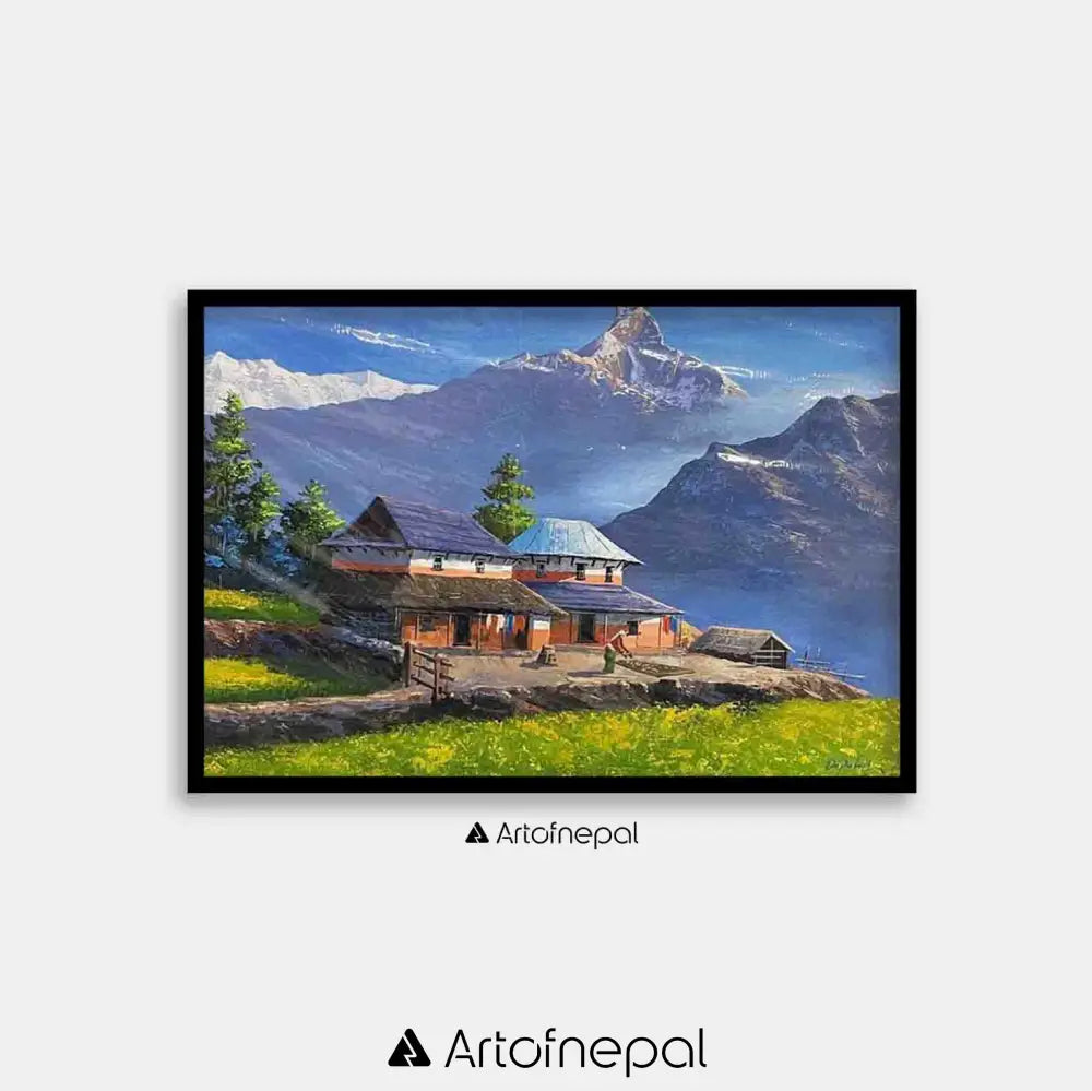 ALOM113 - Mt.Machhapuchhre Hills and Nepali house 18 inches by 24 inches simple