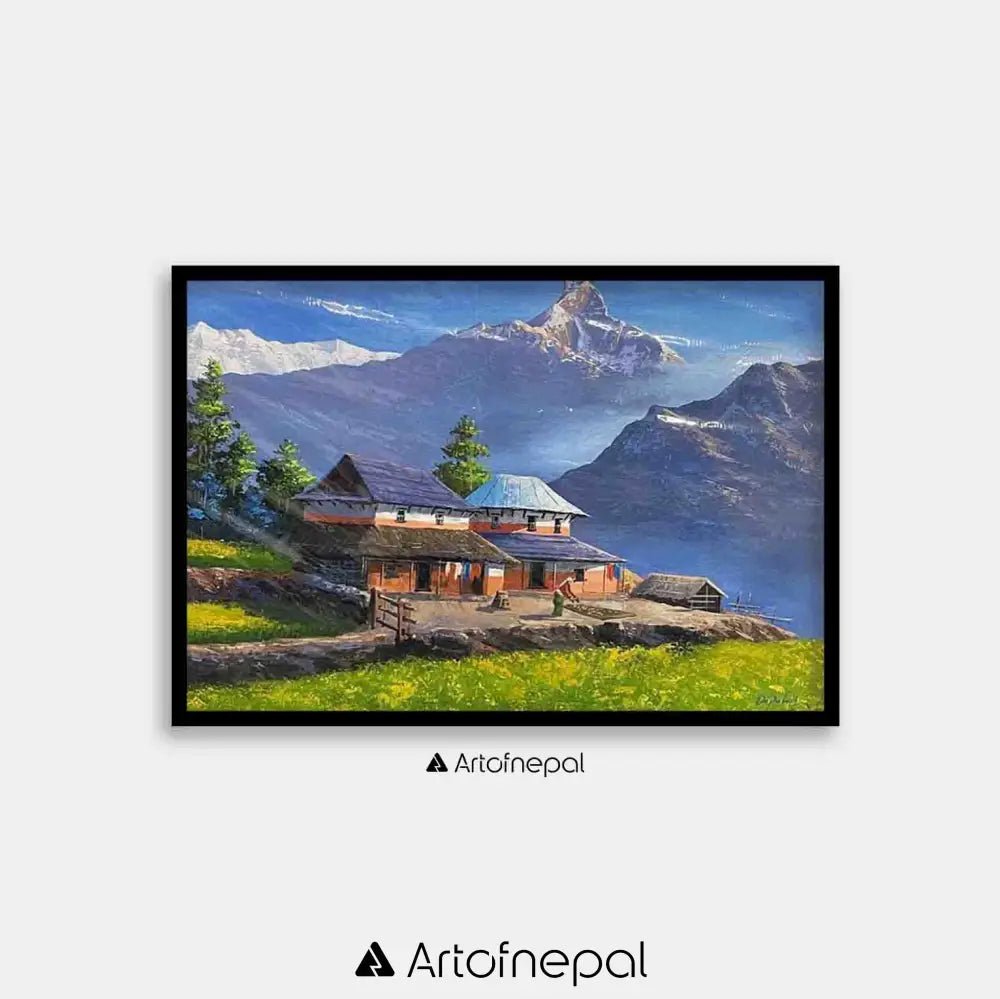 ALOM113 - Mt.Machhapuchhre, Hills and Nepali house - Artofnepal