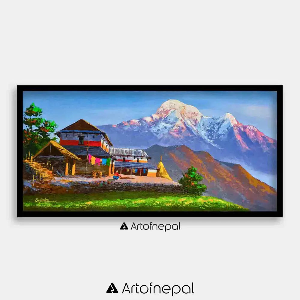 ALOM12- View of Mt.Annapurna and Traditional Nepali house 12 inches by 24 inches simple