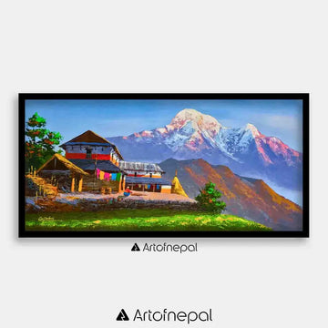 ALOM12- View of Mt.Annapurna and Traditional Nepali house 12 inches by 24 inches simple
