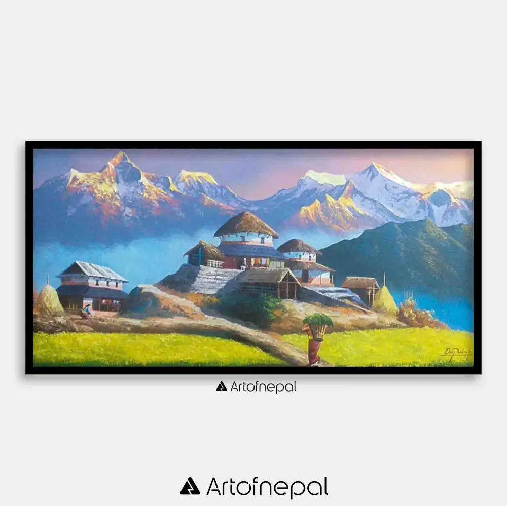 ALOM130 - Sunrise over Annapurna range Hills and a small village 18 inches by 36 inches simple