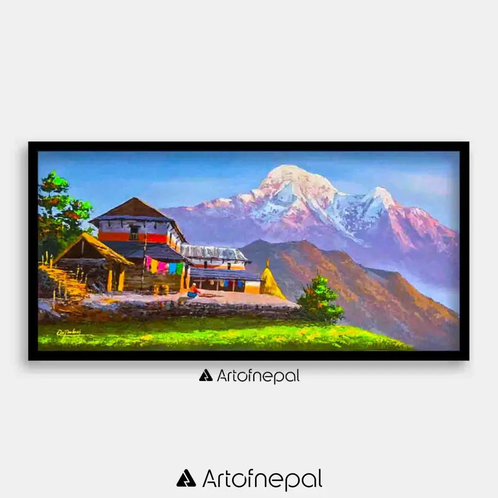 ALOM22- Mt.Annapurna Hills and Village house 12 inches by 24 inches simple