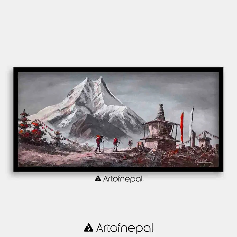 ALOM27- Mount Manaslu with Traveller and Stupa 12 inches by 24 inches simple