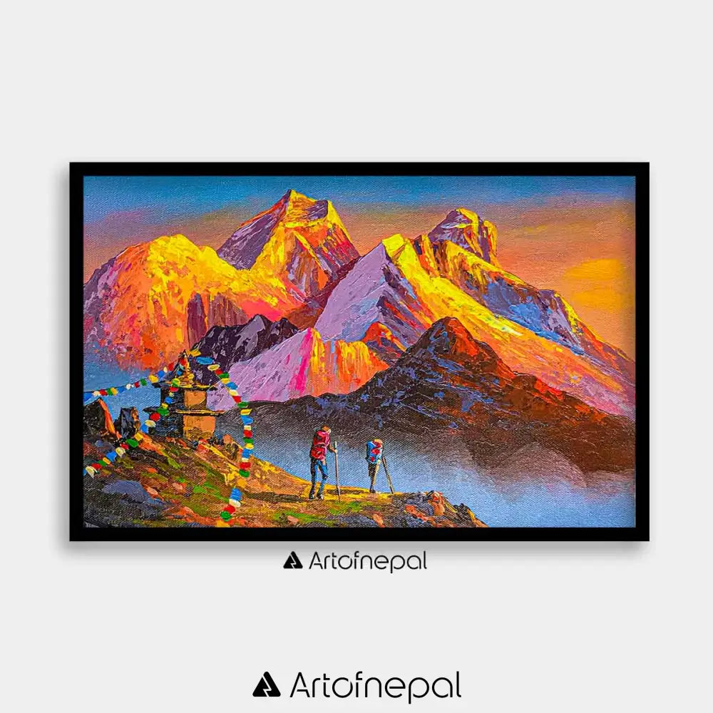 ALOM34- Sunrise over Mt. Everest with Traveller and Stupa 18 inches by 24 inches simple