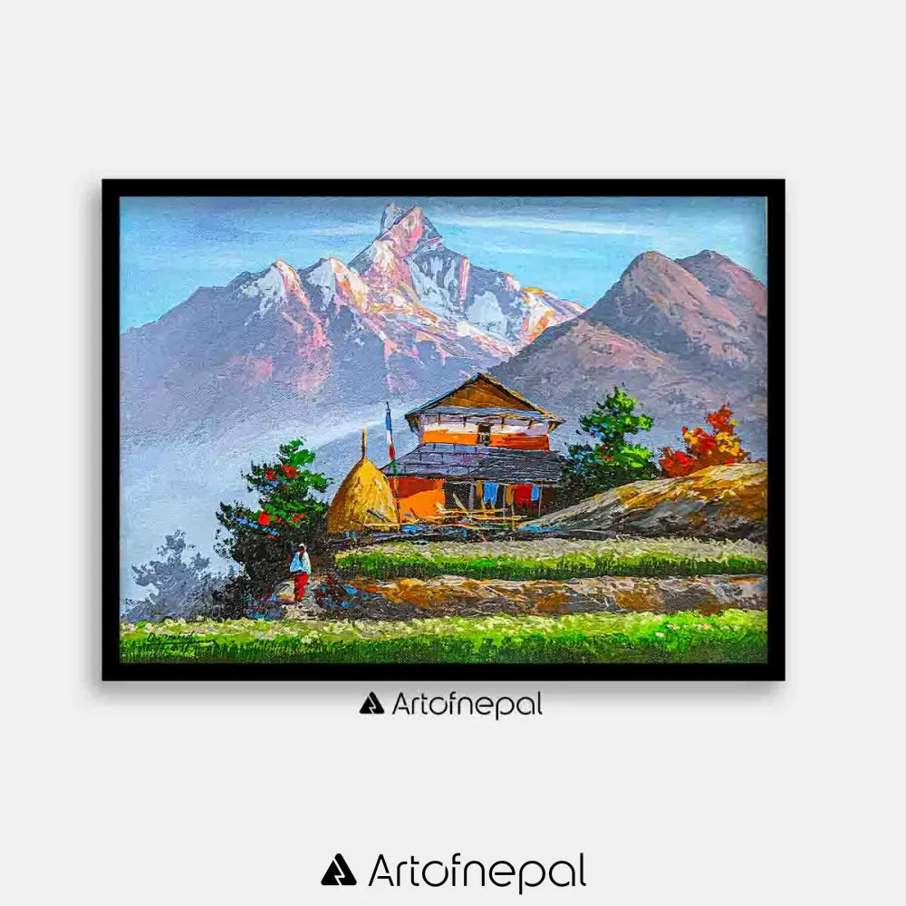 ALOM38- Mt.Machhapuchhre with Hills and Village 18 inches by 24 inches simple
