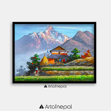 ALOM38- Mt.Machhapuchhre with Hills and Village 18 inches by 24 inches simple