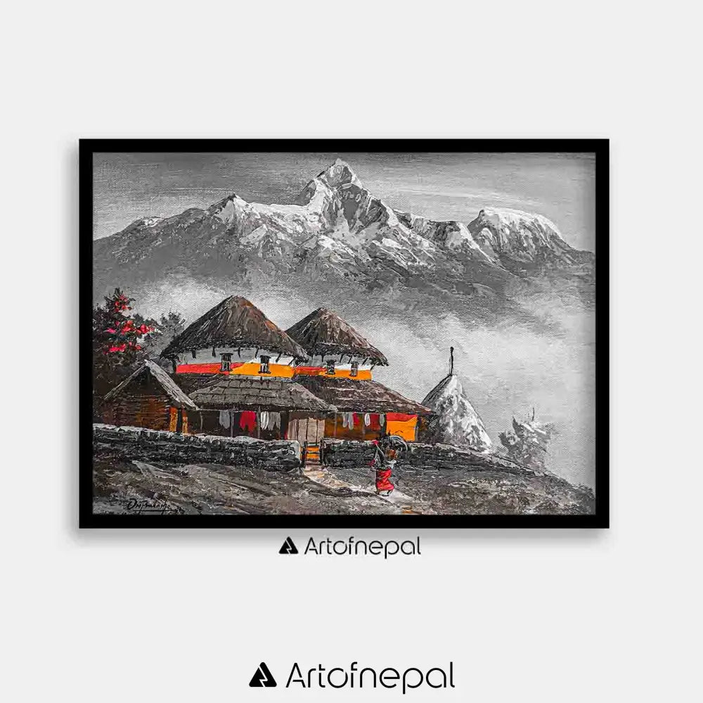 ALOM39- Mt.Annapurna range and Nepali house 18 inches by 24 inches simple
