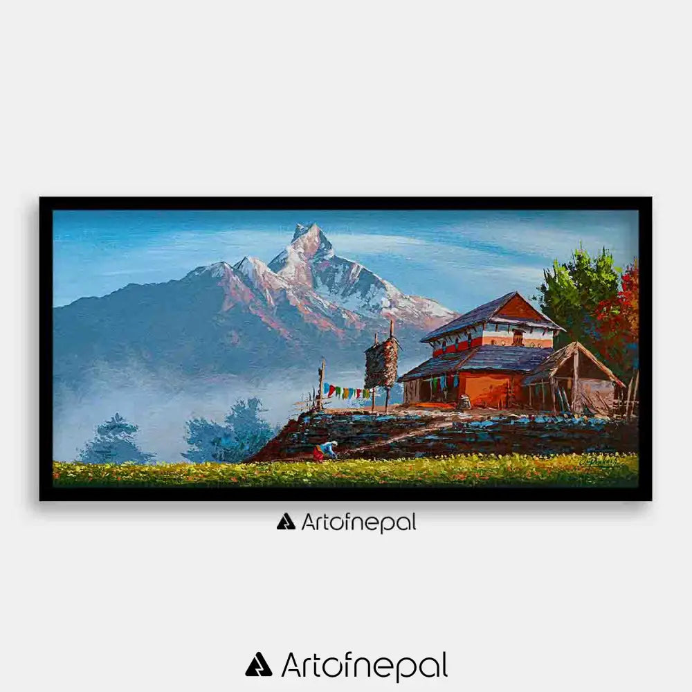 ALOM49- Mt.Machhapuchhre Nepali house on the hills 12 inches by 24 inches simple