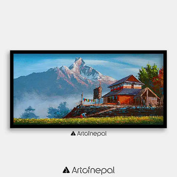 ALOM49- Mt.Machhapuchhre Nepali house on the hills 12 inches by 24 inches simple