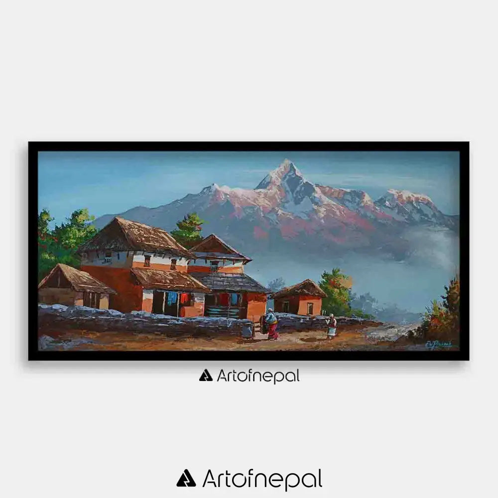 ALOM50- Nepali house on the hills with Annapurna Range 12 inches by 24 inches simple