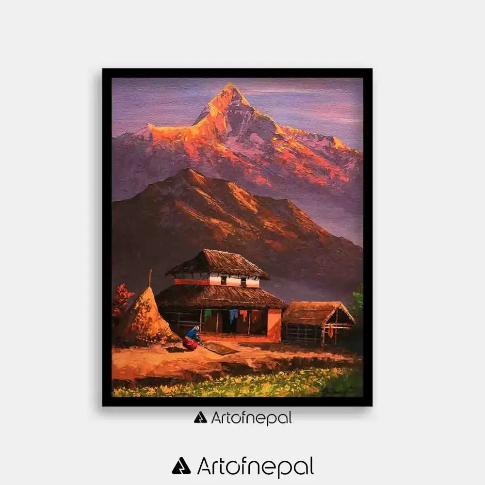 ALOM56- Sunset over Annapurna and nepali house - Artofnepal
