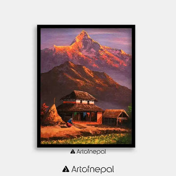 ALOM56- Sunset over Annapurna and nepali house - Artofnepal