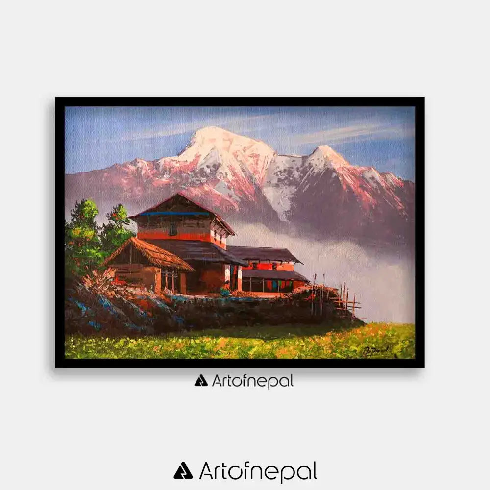 ALOM59- Mt.Annapurna and Nepali village life 18 inches by 24 inches simple