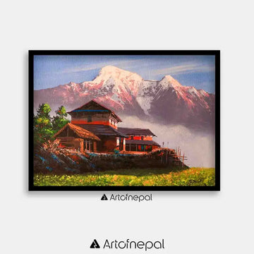 ALOM59- Mt.Annapurna and Nepali village life 18 inches by 24 inches simple