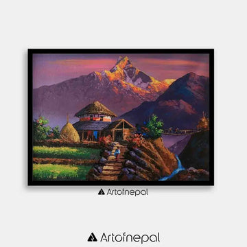 ALOM62- Sunset over Machhapuchhre and small village - Artofnepal