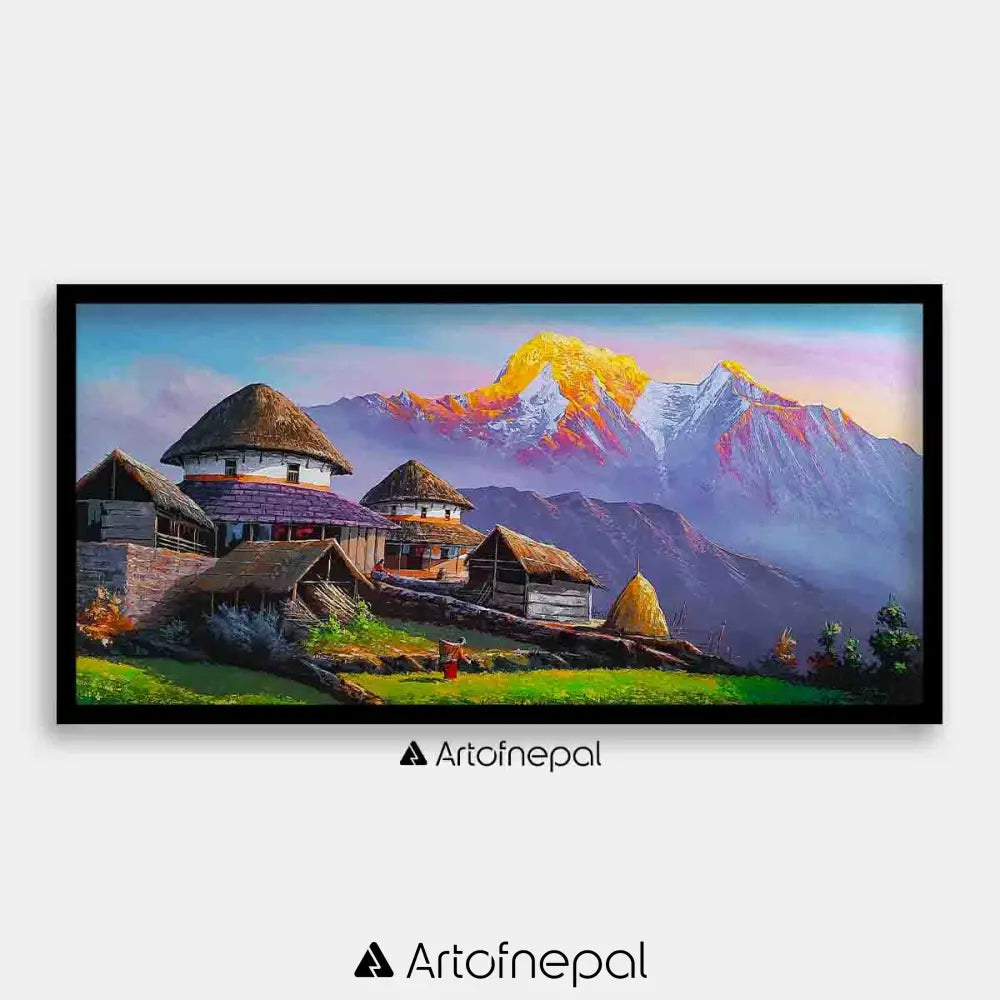 ALOM79- Sunrise over Annapurna Range and Nepali village 24 inches by 48 inches simple