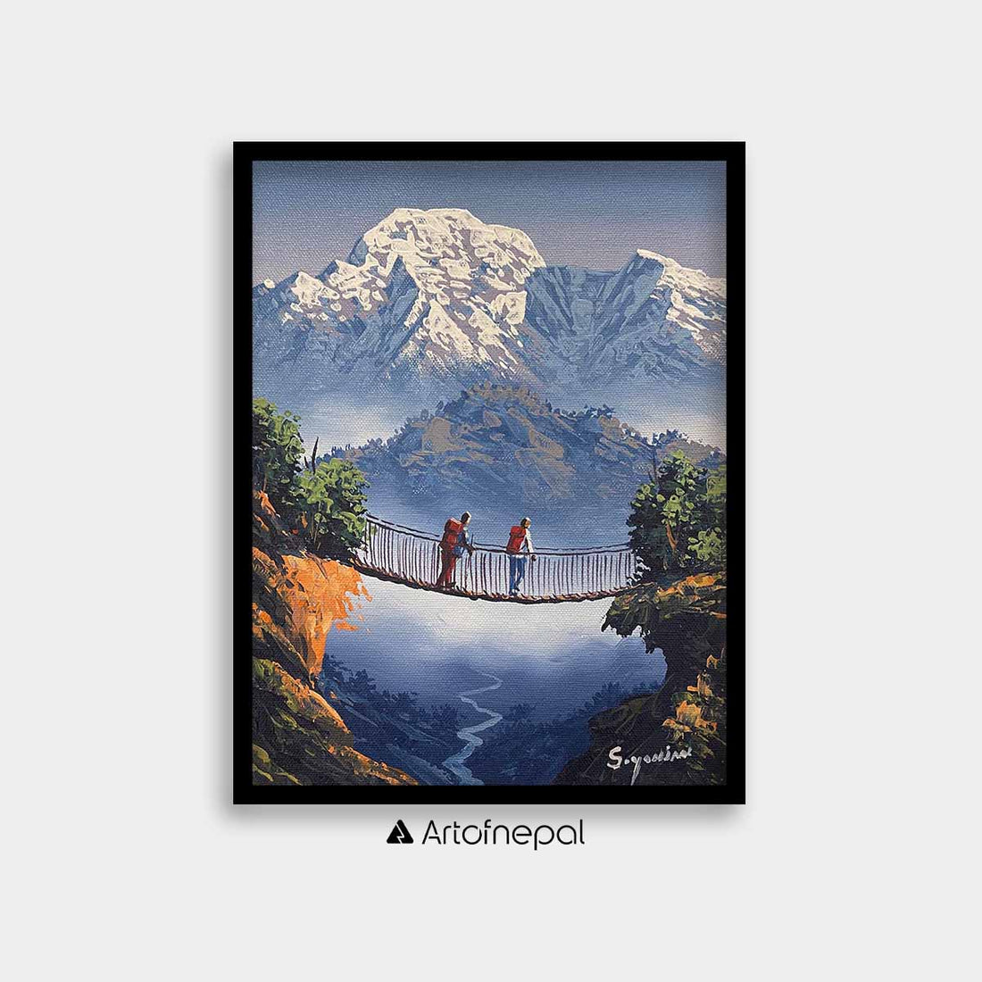 ALSY04 - Trekkers viewing the Mountains from the bridge - Artofnepal