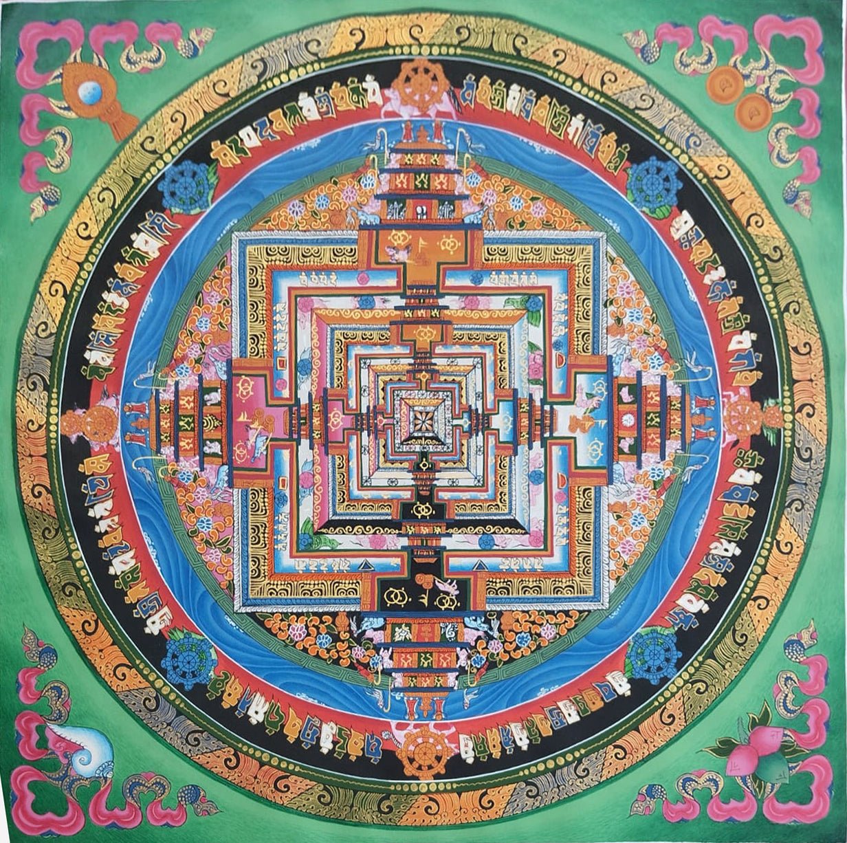 ATSL05 - Hand - Painted Kalachakra Mandala Thangka with Green Background – Tibetan Sacred Geometry Art (Acrylic on Canvas) - Artofnepal