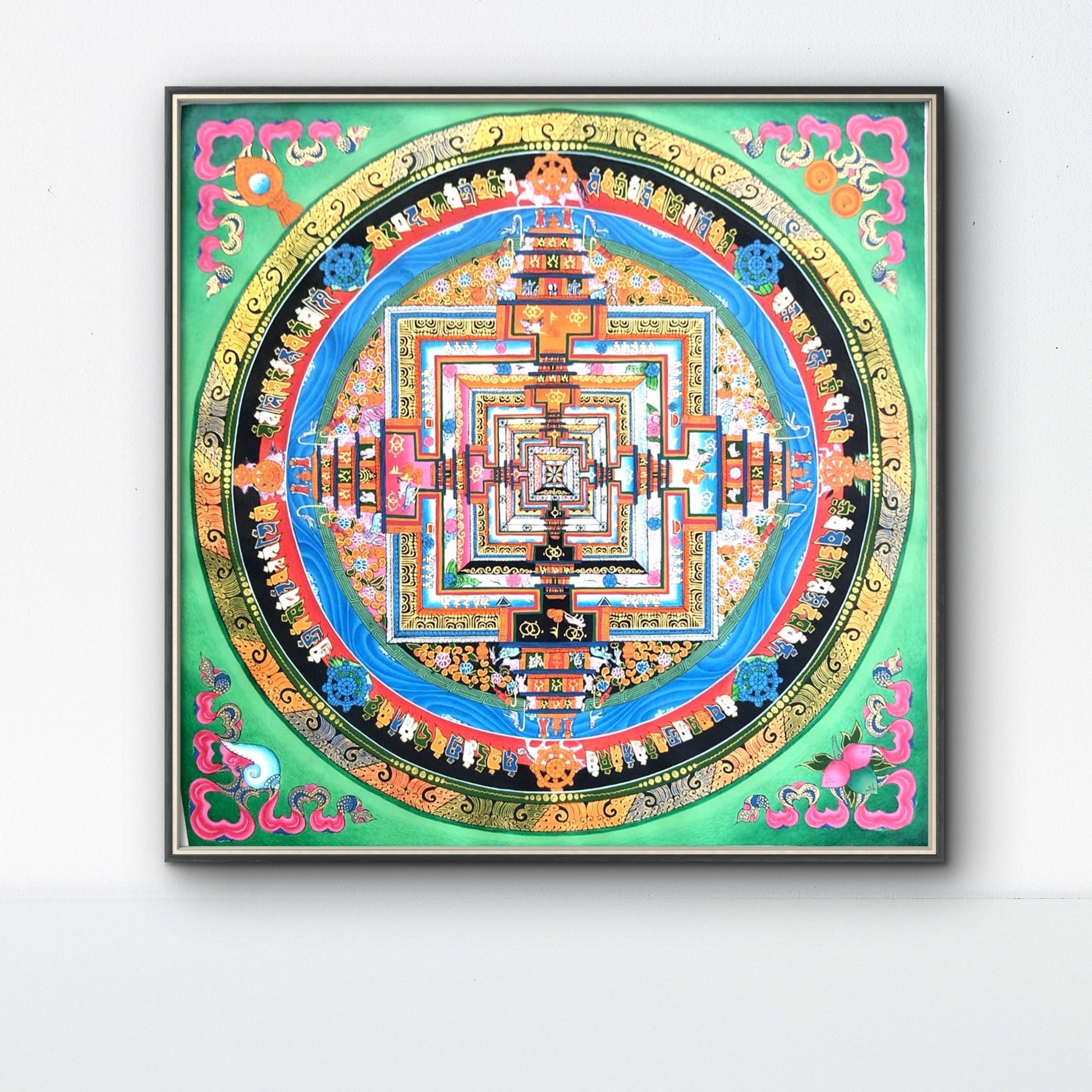 ATSL05 - Hand - Painted Kalachakra Mandala Thangka with Green Background – Tibetan Sacred Geometry Art (Acrylic on Canvas) - Artofnepal