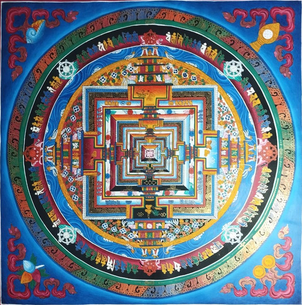 ATSL07 - Blue Background Mandala Thangka painting – Hand Painted Multi - Color Sacred Geometry - Artofnepal