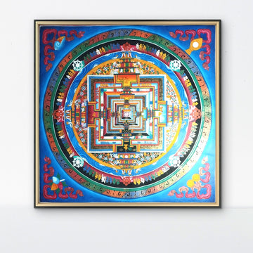 ATSL07 - Blue Background Mandala Thangka painting – Hand Painted Multi - Color Sacred Geometry - Artofnepal