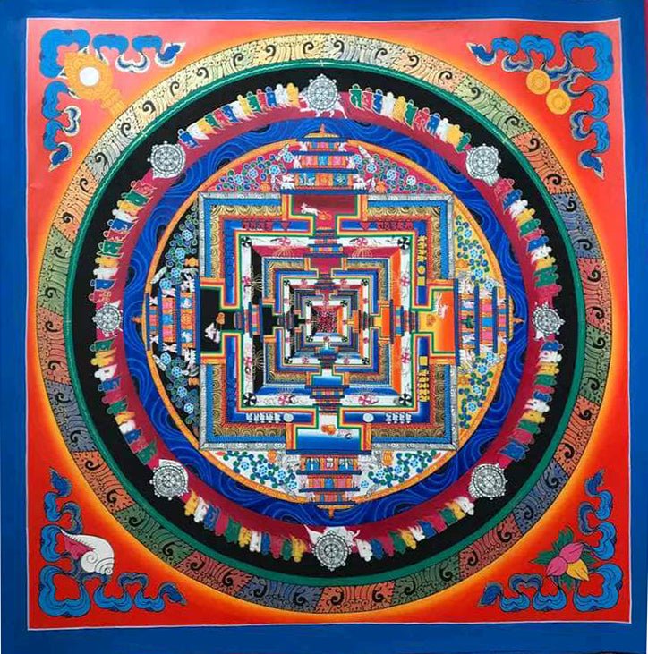 ATSL08 - Orange Red Mandala Thangka painting – Hand Painted Multi - Color Sacred Geometry Art - Artofnepal